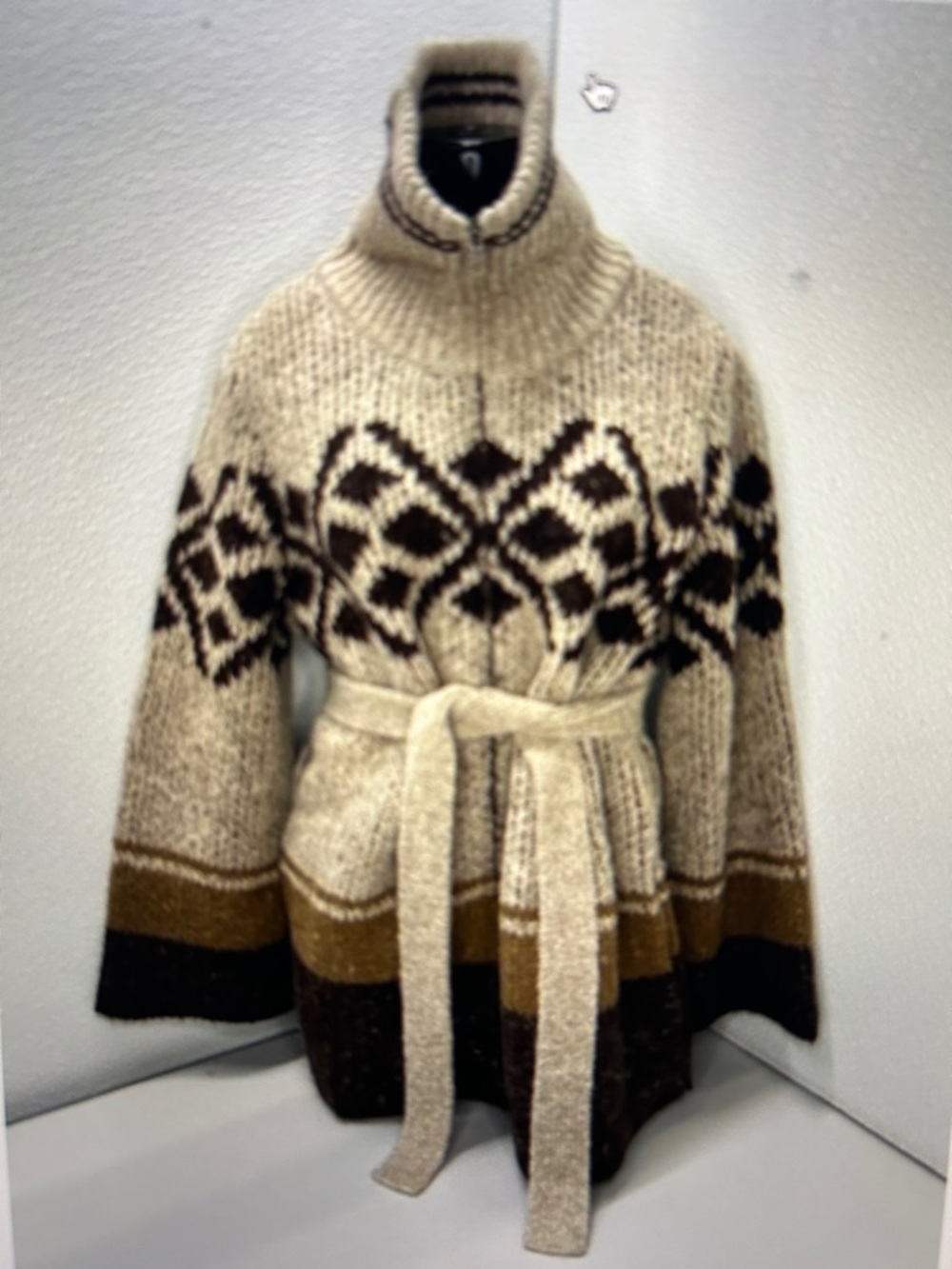 Frame Denim Cream & Brown Nordic Belted Turtleneck Sweater